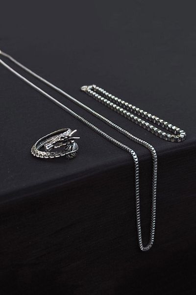 The Collection Dragon Adjustable Silver Ring Cube Bracelet And Necklace Set