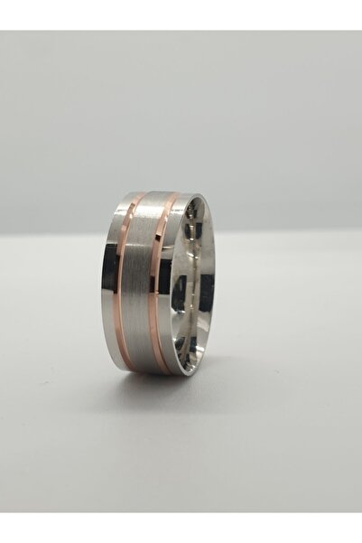 Gri Gümüş 925 Ayar Gümüş Alyans, Rose Şeritli Çift Renk Tektaşlı Gümüş Alyans