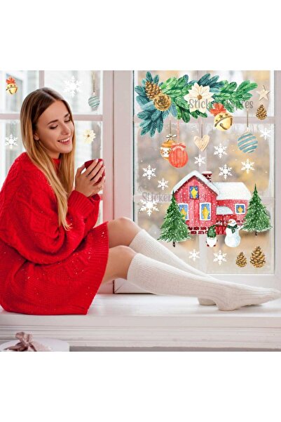 Sticker Ekspres مجموعة ملصقات حائط زجاجية للباب بتصميم زينة مورقة ومنزل ثلجي لعيد الميلاد ورأس السنة الجديدة