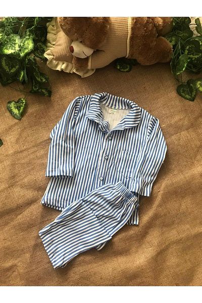 megalaksi Set de pijama cu dungi albastre Gaffur cu nasturi în față pentru băiat