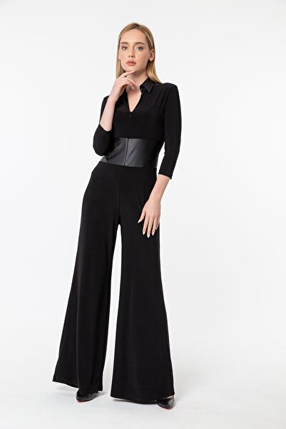 Laranor Siyah Gömlek Yaka Deri Detaylı Truvakar Kol Önden Fermuarlı Tulum