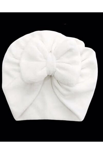 elvin aksesuar Beyaz Renk Çift Katlı Kadife Fiyonklu Kız Bebek Bonesi