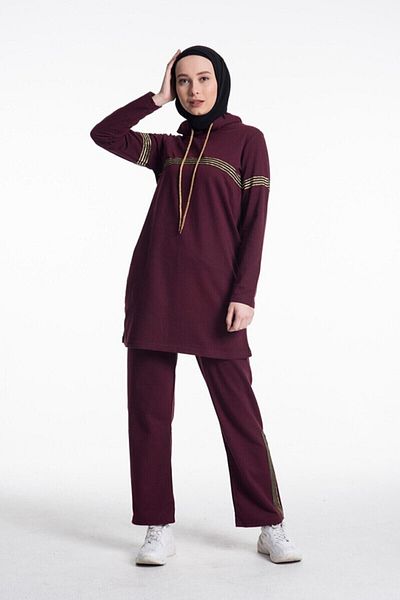 CNG MODA Women's Dark Claret Red Hooded Glitter Stripe Tracksuit Set