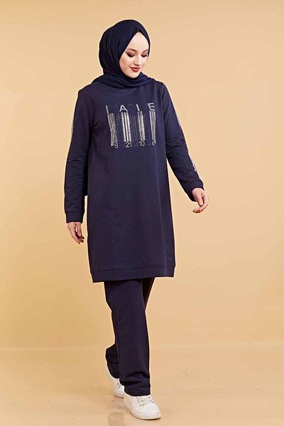 CNG MODA Women's Stoned Navy Blue Hijab Tracksuit Set