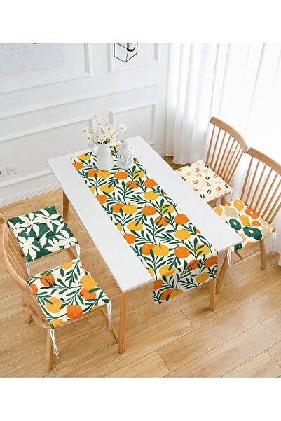 Realhomes Krem Zeminli Portakal Tasarımlı 4 Pofidik Sandalye Minderi Ve 1 Runner Seti