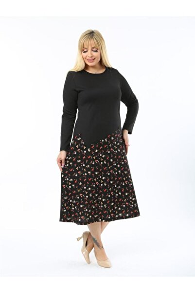 ViolettaXL Γυναικείο Μαύρο Φόρεμα Κρέπας με μοτίβο λουλουδιών σε μεγάλο μέγεθος