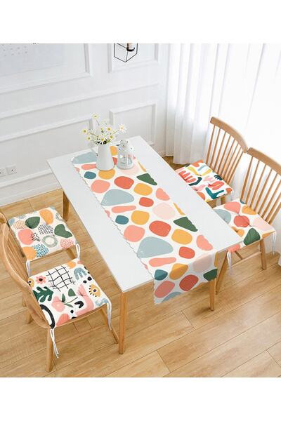 Realhomes Soyut Renkli Özel Tasarım 4 Yuvarlak Pofidik Sandalye Minderi Ve 1 Runner Seti