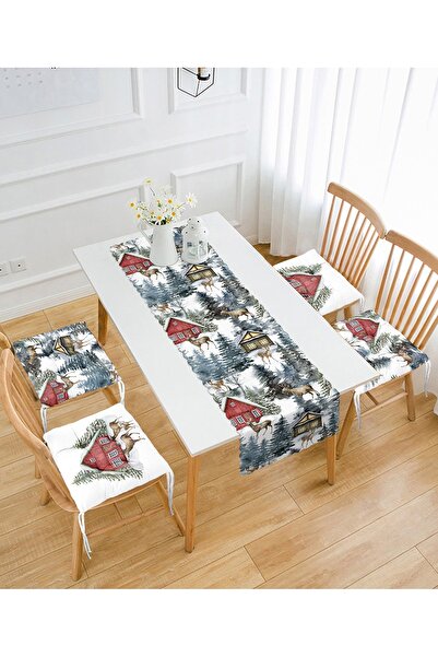 Realhomes Kış Temalı Bağ Evi Konseptli Özel Tasarım 4 Pofidik Sandalye Minderi Ve 1 Runner Seti