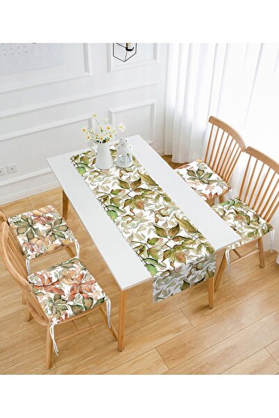 Realhomes Tropik Sonbahar Yaprak Tasarımlı 4 Pofidik Sandalye Minderi Ve 1 Ru...