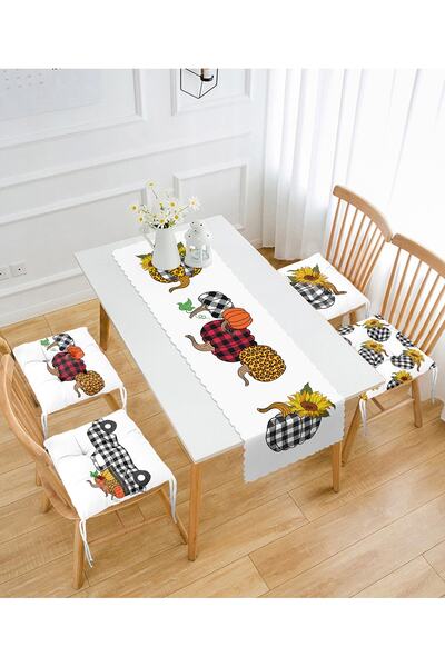 Realhomes Siyah Ekose Kabak Ayçiçeği Motifli 4 Pofidik Sandalye Minderi Ve 1 ...