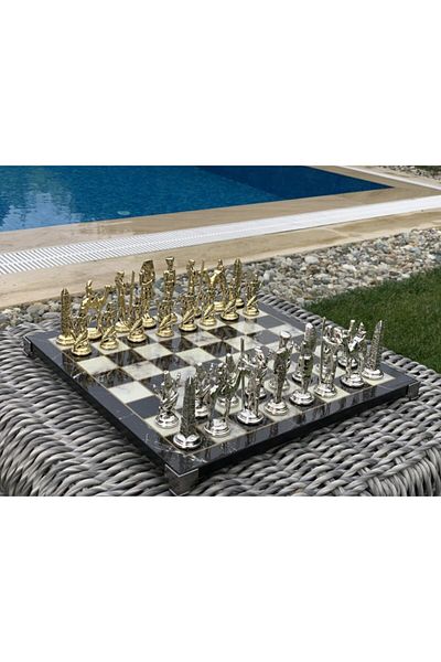 POLO BLUE Large Ancient Egyptian Chess Set – Marble Patterned Wooden Table & Cast Metal Stones