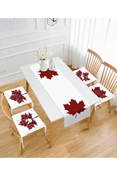 Realhomes Beyaz Zemin Kırmızı Ekose Yaprak Tasarımlı 4 Pofidik Sandalye Minde...