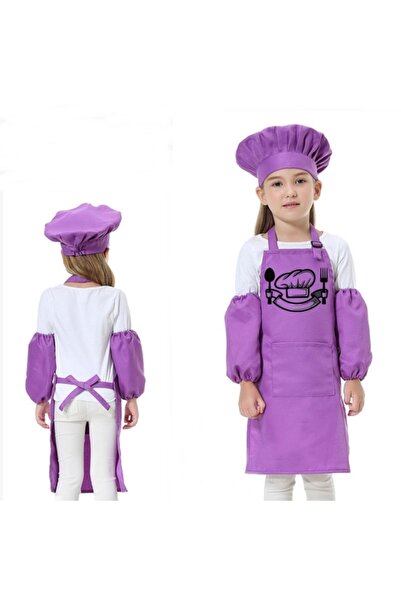 RAY TİCARET Λιλά Σετ ποδιάς καπέλο σεφ 3 τεμαχίων Παιδική ποδιά σεφ Ποδιά κου...