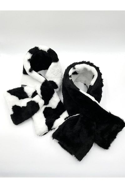 Differ Studio Double Sided Cow Pattern And Black Plush Scarf