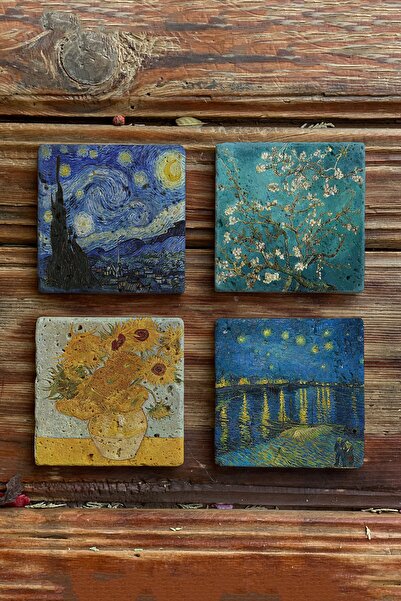 Oscar Stone Decor Taş Bardak Altlığı Stone Coasters - 4lü Set Vincent Van Gog...