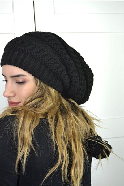 DGR Winter Çift Ponponlu Siyah Kadın Bere