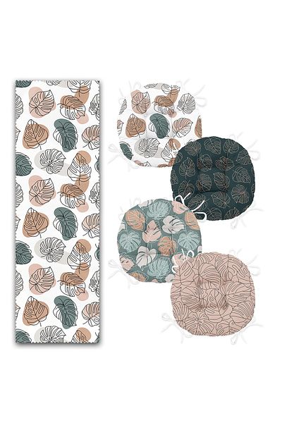 Realhomes Abstract Colorful Tropical Leaf Drawing 4 Round Pouf Chair Cushion 1 Runner Set