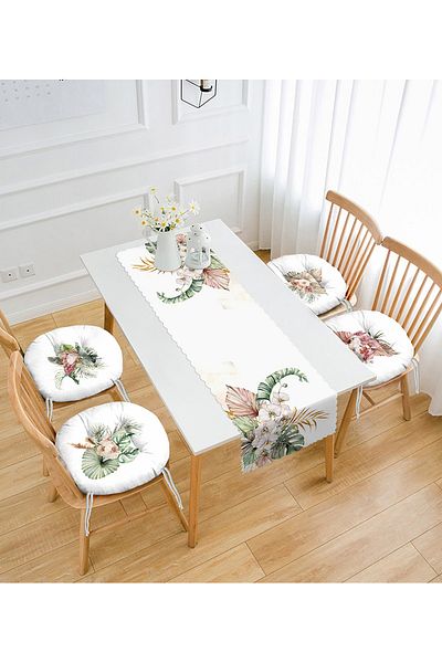 Realhomes Soiled Tropical Leaf Motif Set of 4 Round Pouf Chair Cushions and 1 Runner