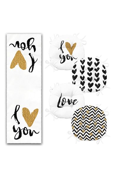 Realhomes I Love You Motif Set of 4 Round Pouf Chair Cushions and 1 Runner