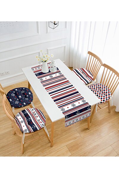 Realhomes Бордо-синій морський дизайн 4 круглі м'які подушки для стільців і 1 комплект бігунків