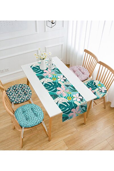 Realhomes Μπλε & ροζ χρώματος 4 στρογγυλά μαξιλάρια καρέκλας και 1 σετ δρομέα