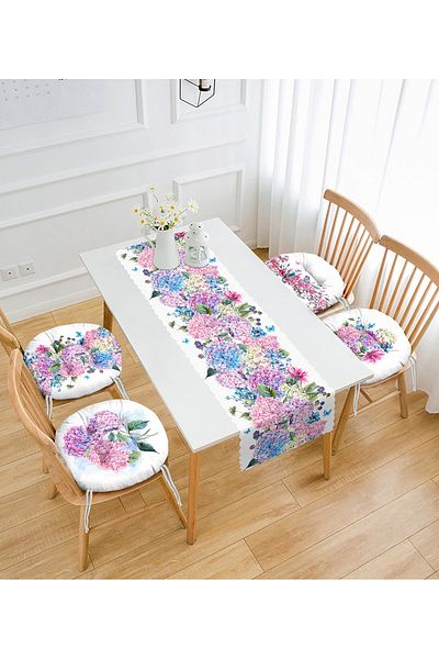 Realhomes Set de 4 perne rotunde pufoase pentru scaune cu motiv cu flori de hortensie și 1 pasaj