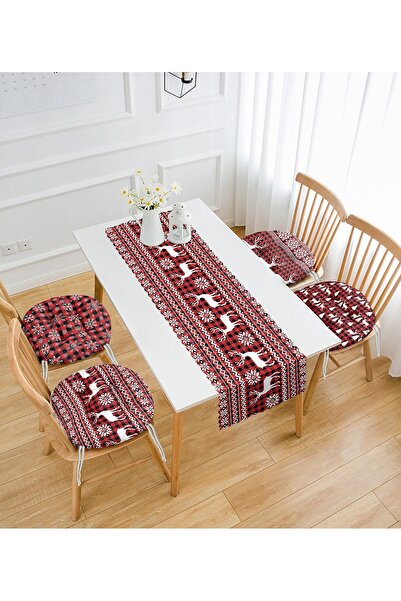 Realhomes Yılbaşı Geyik Motifli Özel Tasarım 4 Yuvarlak Pofidik Sandalye Minderi Ve 1 Runner Seti