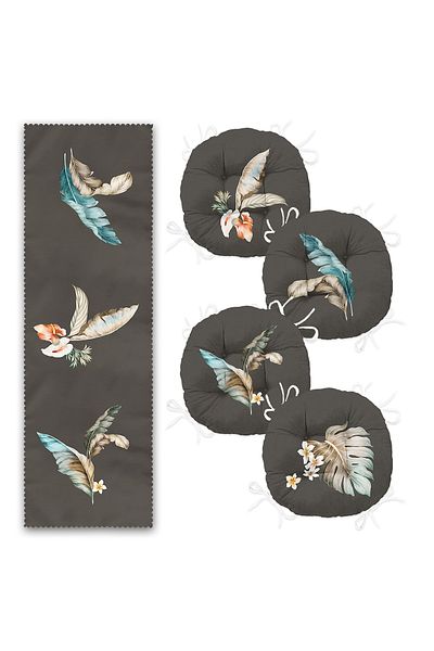 Realhomes Colorful Tropical Leaf Designed Set of 4 Round Pouf Chair Cushions and 1 Runner with Dark Background
