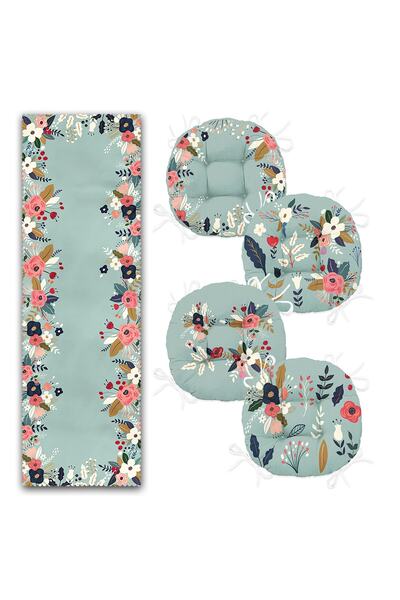 Realhomes Abstract Green Colored Floral Designed Set of 4 Round Pouf Chair Cushions and 1 Runner