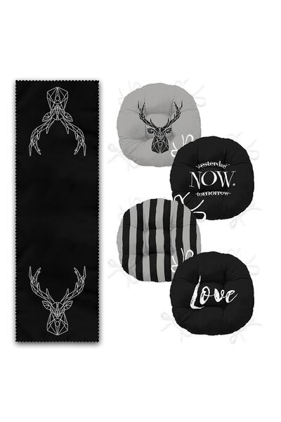 Realhomes Black Deer Designed Modern Set of 4 Round Pouf Chair Cushions and 1 Runner