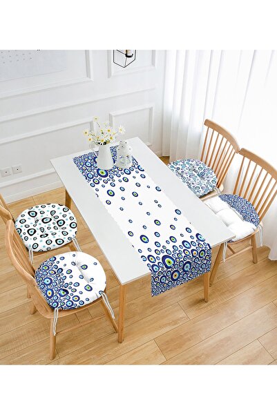 Realhomes Nazar Boncuklu 4 Yuvarlak Pofidik Sandalye Minderi Ve 1 Runner Seti