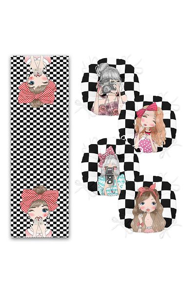 Realhomes Checkers Floor Fashion Girl Motif 4 στρογγυλά αφράτα μαξιλάρια καρέκλας και 1 σετ δρομέα