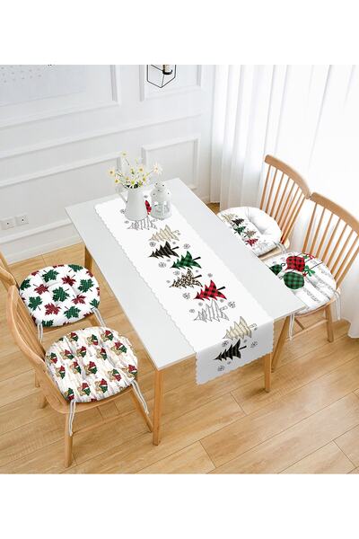 Realhomes New Year's Themed Plaid Pine Tree Designed Set of 4 Round Pouf Chair Cushions and 1 Runner