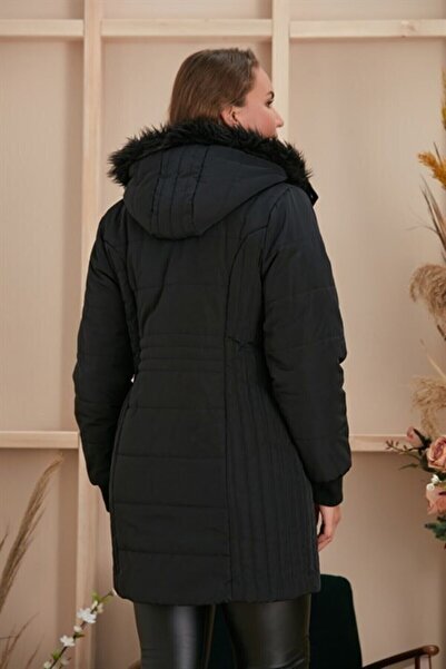 RMG Büyük Beden Kapşonlu Kaban - 9754 Siyah