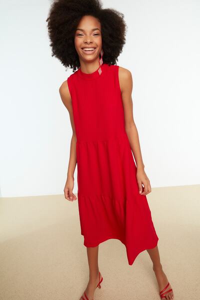 Trendyol Collection Piros Shift/Egyenes szabású, galléros, Midi szőtt ruha TWOSS20EL1864