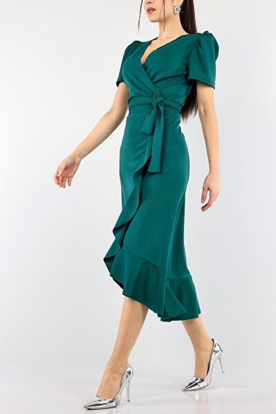NKTCOLLECTİON Kadın Yeşil Kemerli Volanlı Şık Davet Elbisesi Abiye Elbise 92115
