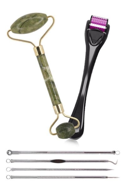MUJGAN Skin Care Set Dermaroller + Jade + 4-Piece Silver Comedone 3-Piece