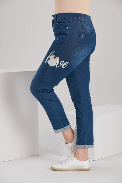 RMG Love Nakış Detaylı Büyük Beden Mavi Kot Pantolon