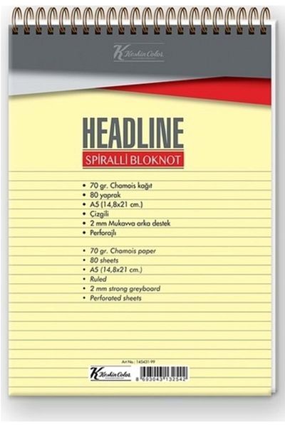 KESKİN COLOR K.color Headline A5 Spiral Top 80yp Unlined Notebook Notepad Ults