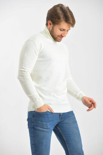 Çizgi Triko Κανονικό ανδρικό πλεκτό λευκό πουλόβερ με πλήρες ζιβάγκο μανίκι και μέση ελαστικό χειμώνα