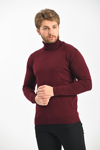 Çizgi Triko Regular Men's Knitwear Burgundy Sweater Full Turtleneck Sleeves and Waist Elastic Winter