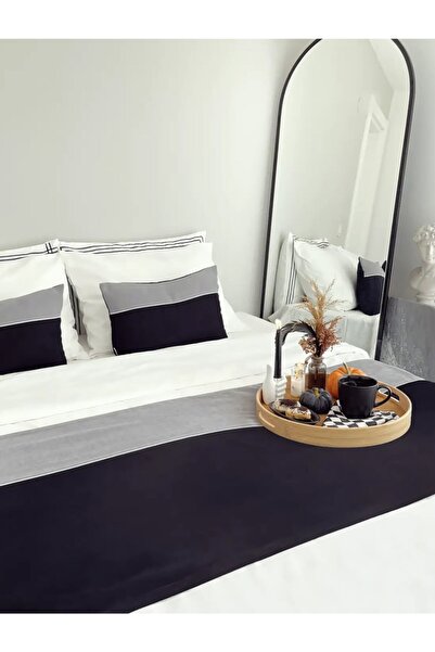 RİTMOHOME Yatak Runner & Iç Dolgulu Kırlent Seti Çift Kişilik Biyeli Gri/siyah Otel Serisi