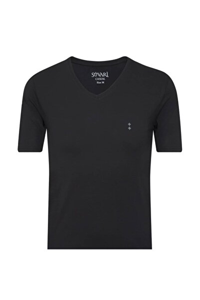 SÜVARİ Pamuk Basic Fit V Yaka Tshirt Siyah