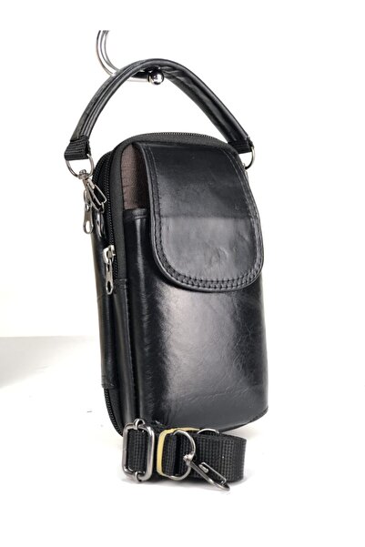 fawori deri Geantă de mână unisex din piele naturală neagră - curea și crossb...