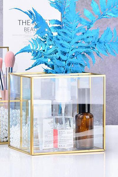 EsaDesign Glass Gold Two Compartment Brush Holder Makeup Organizer