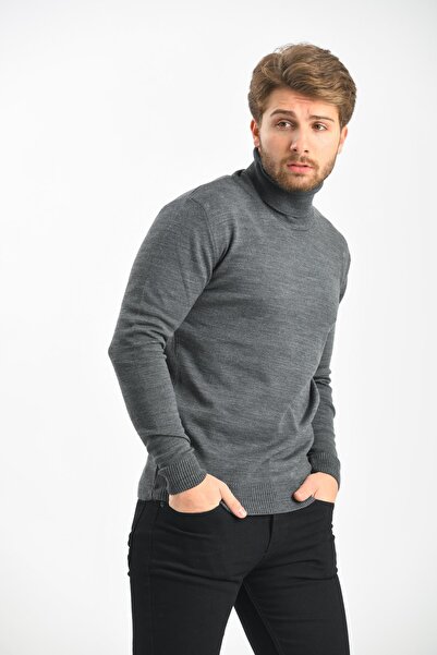 Çizgi Triko Regular Men's Knitwear Gray Sweater Full Turtleneck Sleeves and Waist Elastic Winter