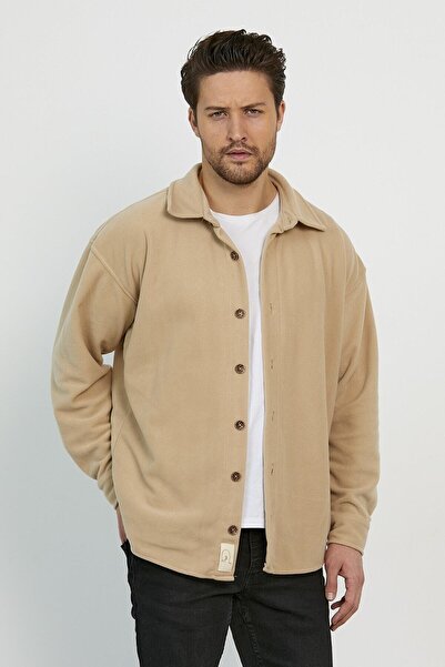 LEYEL Moda Bej Erkek Kalın Kışlık Hakiki Polar Gömlek