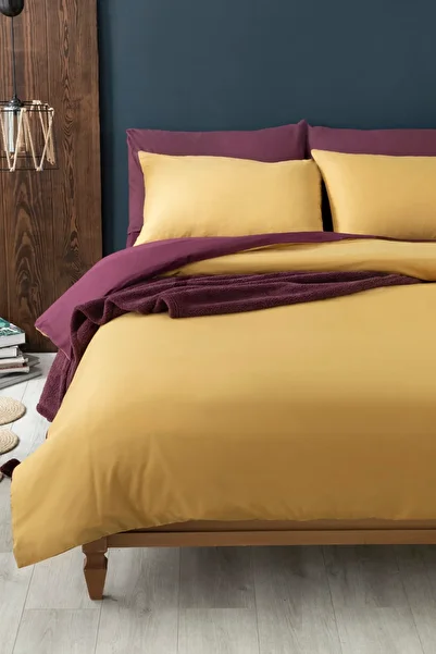 English Home Plain Cotton Double Duvet Cover Set 200X220 cm Mustard-Plum