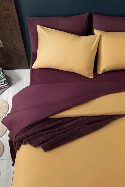 English Home Plain Cotton Double Duvet Cover Set 200X220 cm Mustard-Plum
