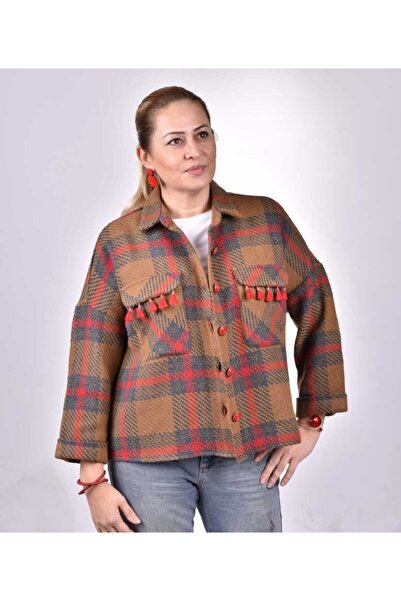 ZELİCE TASARIM Kırmızı Mavi Çizgili Kareli Kahverengi Oduncu Ceket Gömlek Ceg...